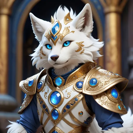 Prompt: A Furry dressed in Astral Scholar Outfit which shimmering white and bronze mage-like armor with intricate gold designs and blue gemstones, masterpiece, best quality