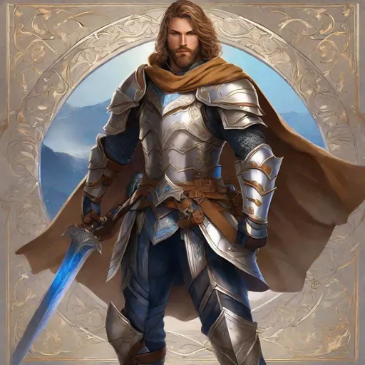 Prompt: Male human fighter, full plate armor, light brown wavy Hair, trimmed beard, blue eyes, visible face, handsome face, high fantasy,