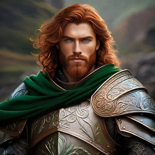 Prompt: Male human, scottish ancestry, warrior, wielding a falcata, symmetrical full plate armor, auburn wavy Hair with glossy highlights, trimmed beard, very detailed emerald eyes, visible ruggedly handsome detailed face, high fantasy,