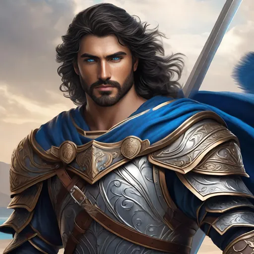 Prompt: Male human, Greek ancestry, warrior, wielding a falcata, full plate armor, black wavy Hair with glossy highlights, trimmed beard, very detailed medium blue eyes, visible ruggedly handsome detailed face, high fantasy,
