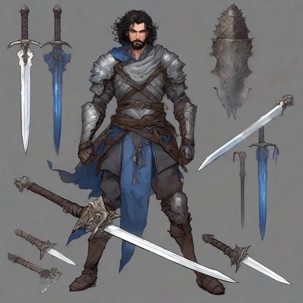 Prompt: Male human fighter, duel-wielding bastard swords, full plate armor, black wavy styled Hair, trimmed beard, blue eyes, visible ruggedly handsome face, high fantasy,