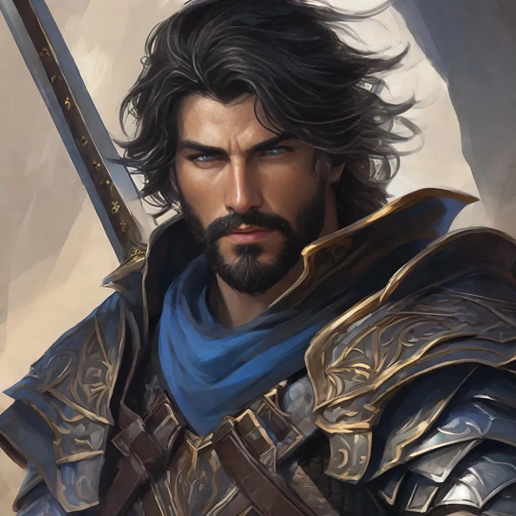 Prompt: Male human fighter, duel-wielding bastard swords, full plate armor, black wavy styled Hair, trimmed beard, blue eyes, visible ruggedly handsome face, high fantasy,