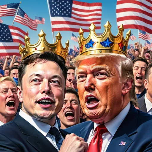 Prompt: Elon Musk and Donald Trump both wearing gold crowns on their heads and both with American flags draped over each of their shoulders with hundreds of MAGA supporters cheering for them