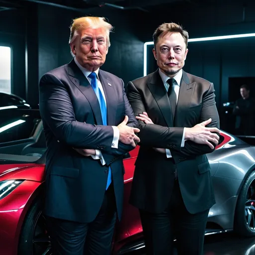 Prompt: Andrew Tate and Elon Musk stood either side of Donald Trump who's stood with his arms folded with super cars in the background