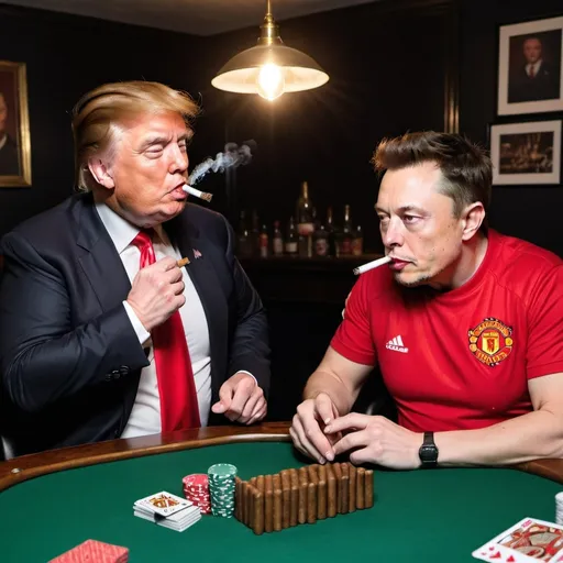 Prompt: Donald Trump and Elon Musk dressed in Manchester United shirts smoking cigars playing poker