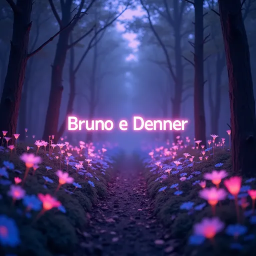 Prompt: Magical forest at night with glowing neon flowers in pink, blue and purple. The name ‘Bruno e Denner’ appears softly at the center, glowing in white or light purple, matching the environment. 3D cinematic look, soft fog, ambient lights, floating particles, deep perspective. No other text, immersive and elegant stage visual.