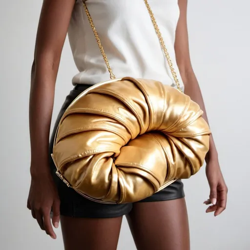 Prompt: Photo of a minimalistic glamour huge golden croissant clutch, 2055