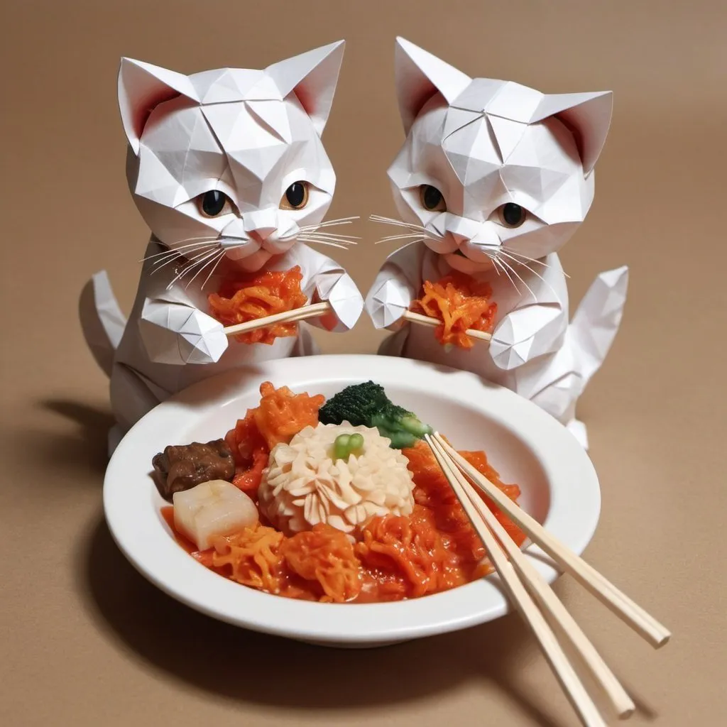 Prompt: Realistic detailed Adored for their cute looks and playfulness mixed kitten bears eating kimchi with chopsticks. They are thought to be rare, as they do not appear often Seoul newspaper aesthetic animal art style made from origami broderie leparello news paper 3D 
