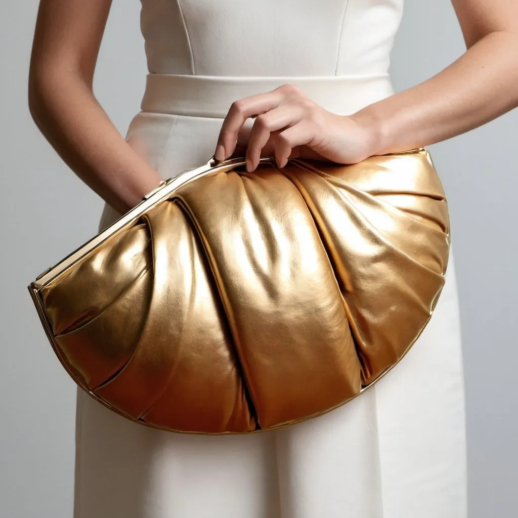 Prompt: Photo of a minimalistic glamour huge golden croissant clutch, 2055