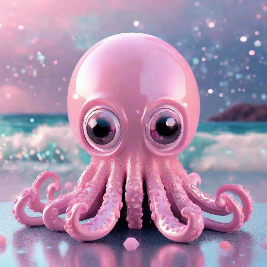 Prompt: Futuristic pastel pink 3D iron reflecting cute kawai octopus with big eyes with ocean background and glitters