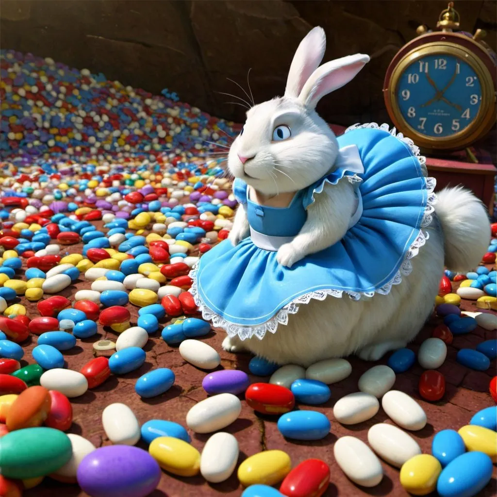 Prompt: Inside the mind of the imaginary wonders of a happy cheerfully detailed beautiful Asian Alice in Wonderland with blue dress and blue headband, lying rolling around on the ground in a beautiful surrealistic overwhelming infinity Wonderland Factory filled with overloaded colorful pills and medications in jars, on the ground and everywhere, floating tiny white dandy fluffy hairy rabbits looking at their old clock, by artist Mark Ryder