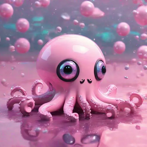 Prompt: Futuristic pastel pink 3D iron reflecting cute kawai octopus with big eyes with ocean background and glitters