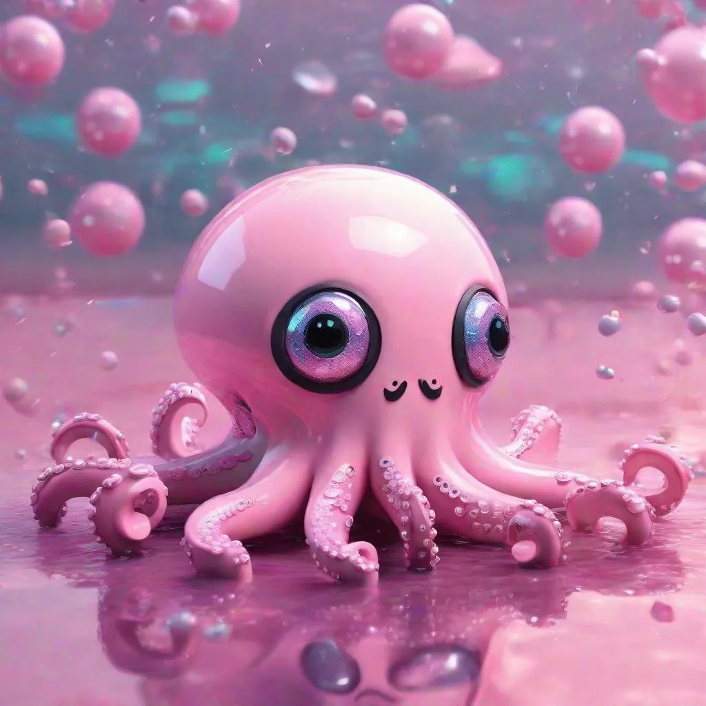 Prompt: Futuristic pastel pink 3D iron reflecting cute kawai octopus with big eyes with ocean background and glitters