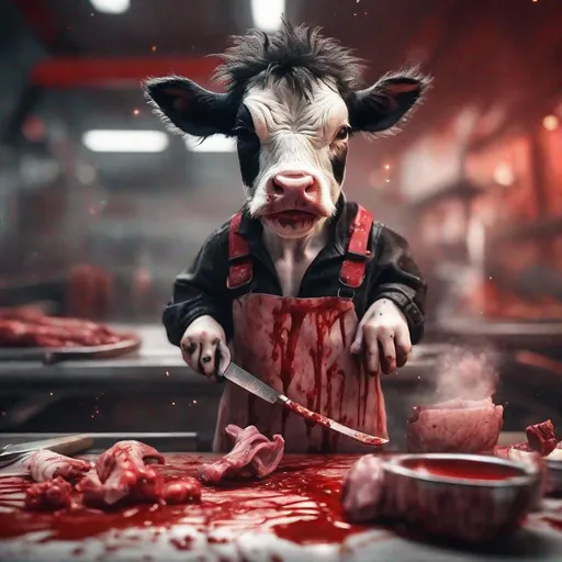 Prompt: Confident cute white black hairy little calf chimera dressed as a butcher with tattoos all over his body, chopping ribs with a big sharp meat knife from another crying human baby with red dripping paint styled smuggler piloting a freighter, red popping paint in meat factory, gritty, photorealistic, very detailed textures, bokeh effect, lens flair