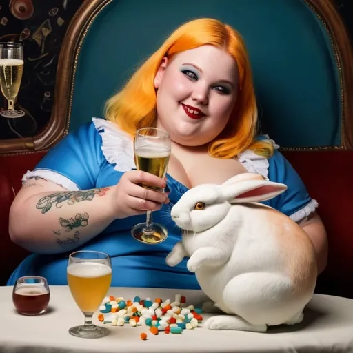 Prompt: Inside the mind of the imaginary wonders of a happy cheerfully greedy obese chubby Alice with a rabbit tattoo on her arm, lying on the ground and drinking champagne in a champagne coupe glass in Wonderland Factory filled with pills and medications and beers champagne 