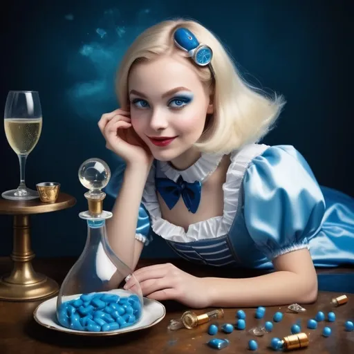 Prompt: Inside the mind of the imaginary wonders of a happy cheerfully having fun young Alice in Wonderland with an old clock, lying down on the ground and drinking champagne in a champagne coupe glass in Wonderland Factory filled with blue pills in diamond shape and medications and champagne