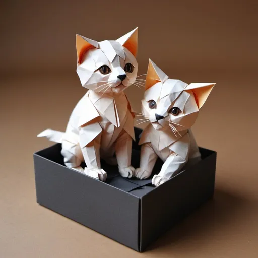 Prompt: Realistic detailed Adored for their cute looks and playfulness jumping mixed kitten bears Jedis. They are thought to be rare, as they do not appear often Seoul newspaper aesthetic animal art style made from origami broderie leparello playing in a carbon box 3D 
