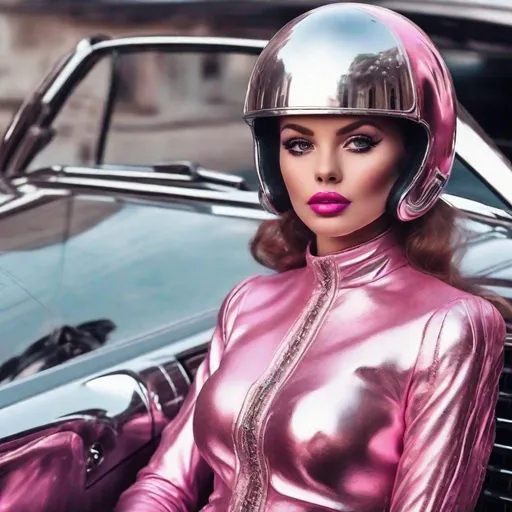 Prompt: Detailed photo editorial, Future retro pink Cadillac with a beautiful young girl with big eyes and pink lips, wearing a vintage silver futuristic motor suit and helmet, smiling in the mirror from the car, photorealistic 