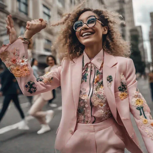 Prompt: High resolution Fashion editorial, closeup detailed beautiful happy cheerfully smiling jumping high in the air with arms up in the air young women from different countries wearing glamour embroidered colorfully soft pastel silk pink black suits seventies style long blazer with detailed huge embroidered daisies and flowers with big oversized glasses wearing the newest model white sneakers, celebrating this beautiful day, surrounded by big high offices buildings on a sunny day, overloaded confetti sprinkles from up over the women, photorealistic from a hasselblad shot from below, lens 8 mm