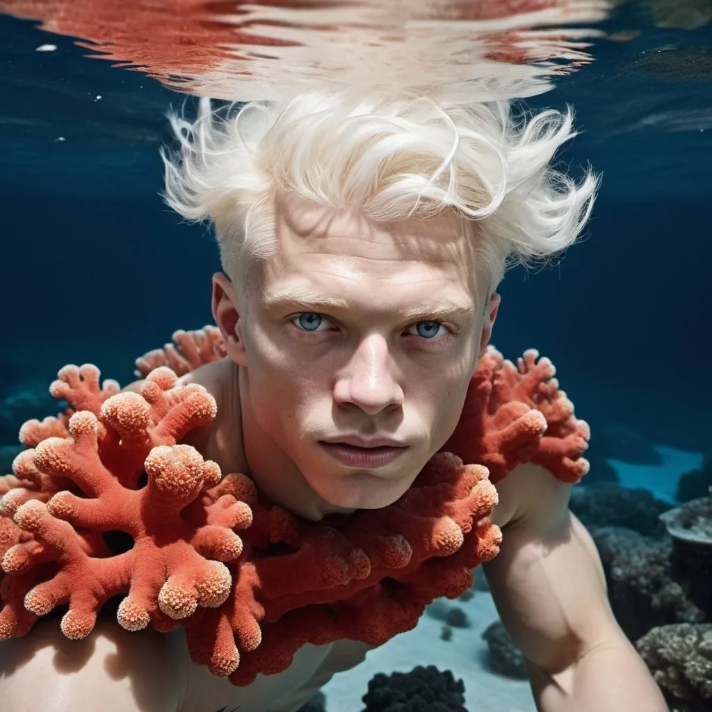 Prompt: Detailed photo high resolution deep sea photo for National Geographic mens health Vogue Sports Illustrated, handsome muscle well trained body albino model, short white hair and white skin, swimming up to the surface, caught in a huge red coral reef, climate change 2055, shot by Terry oNeill soft box