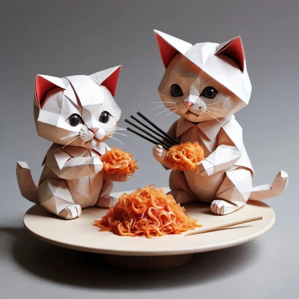 Prompt: Realistic detailed Adored for their cute looks and playfulness mixed kitten bears eating kimchi with chopsticks. They are thought to be rare, as they do not appear often Seoul newspaper aesthetic animal art style made from origami broderie leparello news paper 3D 
