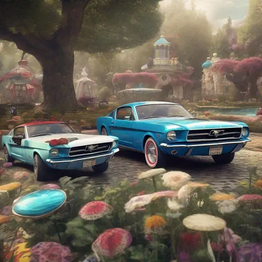 Prompt: Detailed photorealistic Future retro vintage Ford Mustang in Alice in Wonderland 