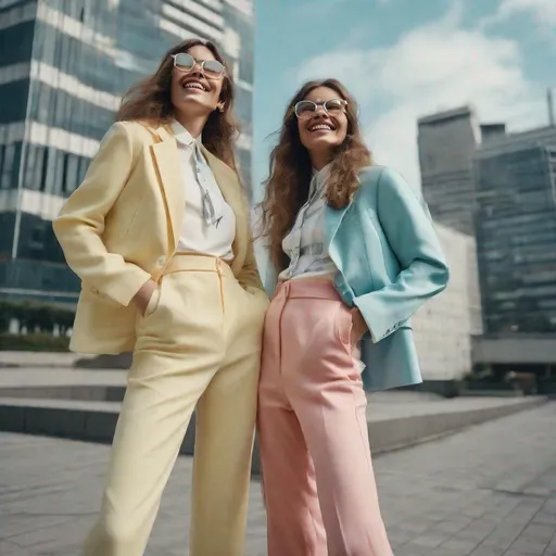 Prompt: Fashion editorial, beautiful happy smiling young women wearing pastel colorfully suits seventies style with big glasses, wearing the newest model white Nike sneakers, surrounded by big high offices buildings on a sunny day, photo from a hasselblad