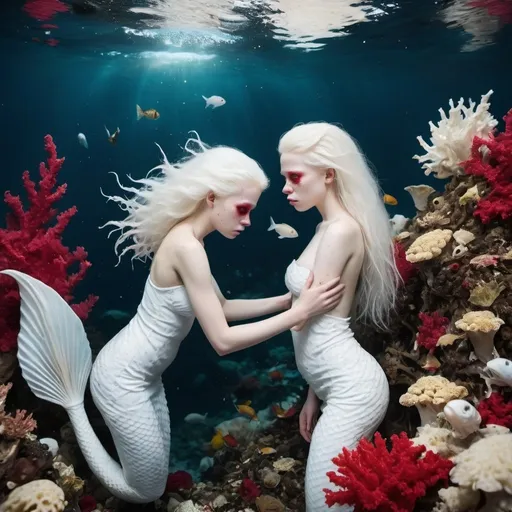 Prompt: Detailed photo high resolution National Geographic, a beautiful exhausted twin albino mermaids with white tail, with white hair and white skin, red eyes, swimming into the currant in a polluted dirty sea filled with plastic trash  and dead tropical fish, huge tropical coral is wasted in the big ocean, climate change 2055