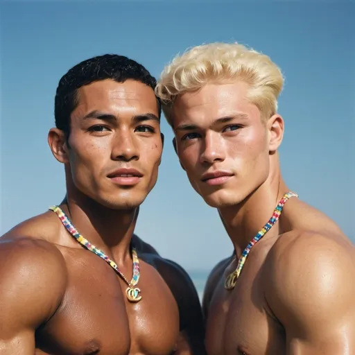 Prompt: Detailed high resolution 3000 dpi editorial for sportive muscle athletic men rainbow fashion editorial Sports Illustrated cover, closeup detailed handsome sportive muscle 30 years old American Asian male super model with freckles and blond hair dancing together with a 30 years old young sportive muscle Afro American  male super model with blonde mm short hair and freckles in the face, looking at each other, wearing a Chanel rainbow polo suits, 2055, Canon CN-E 14-35mm T1.7L S M objectief, photo shot by Slim Aarons