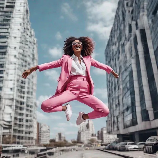 Prompt: High resolution Fashion editorial, detailed beautiful happy cheerfully smiling jumping high in the air with arms up in the air young women from different countries wearing glamour colorfully pink black white suits seventies style with big glasses wearing the newest model white Nike sneakers, celebrating this beautiful day, surrounded by big high offices buildings on a sunny day, photorealistic from a hasselblad shot from below, lens 8 mm