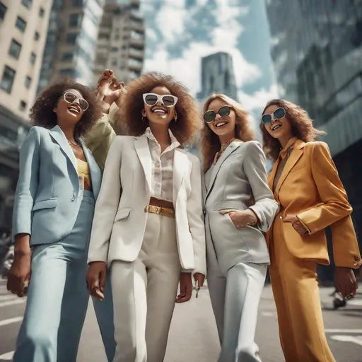 Prompt: High resolution Fashion editorial, detailed beautiful happy cheerfully smiling with arms up young women from different countries wearing glamour colorfully suits seventies style with big glasses, wearing the newest model white Nike sneakers, surrounded by big high offices buildings on a sunny day, photorealistic from a hasselblad shot from below, lens 8 mm