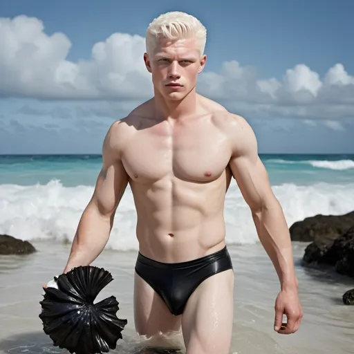 Prompt: Detailed photo high resolution National Geographic mens health Vogue Sports Illustrated, handsome muscle well trained body albino model with big white tail, short white hair and white skin, covered in black oil and plastic trash and tropical fish, huge red coral, climate change 2055, shot by Terry oNeill soft box