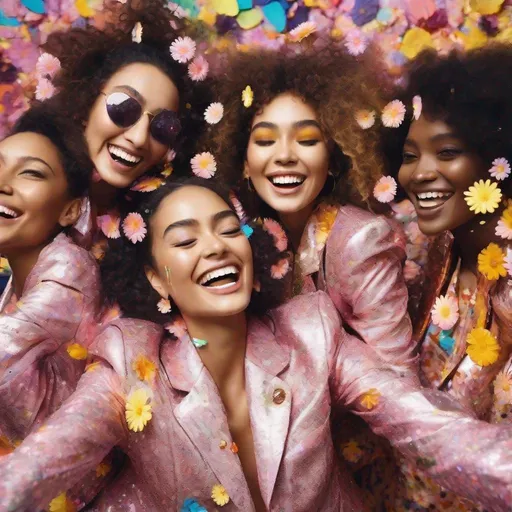 Prompt: High resolution Fashion editorial, overloaded shiny glitter confetti flowers sprinkles made from colorful aluminum sprinkles over the women, closeup detailed beautiful happy cheerfully smiling jumping high in the air with arms up in the air group of young women from different countries Asia and Africa wearing glamour embroidered colorfully soft pastel silk pink black suits seventies style oversized long blazer with detailed huge embroidered daisies and flowers with big oversized glamour flower glasses and pearls, overloaded Pearl necklaces, wearing the newest model white sneakers with wings, celebrating this beautiful day, surrounded by big high offices buildings on a sunny day, overloaded shiny glitter confetti flowers sprinkles made from colorful aluminum sprinkles over the women, photorealistic from a hasselblad shot from below, lens 8 mm