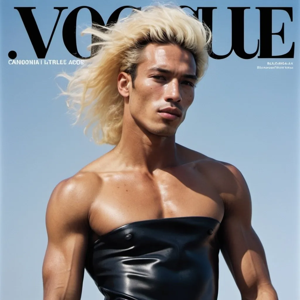 Prompt: Detailed high resolution 3000 dpi editorial for sportive muscle athletic men rainbow fashion editorial Sports Illustrated Vogue September issue Balenciaga cover, closeup detailed confidence handsome sportive muscle 40 years old confidence American Asian male super model with freckles and 1 mm blond hair dancing together with a 40 years old young sportive muscle Afro American male super model with blonde 1mm short hair and freckles in the face, strike a pose and looking up at the camera, wearing a Balenciaga black 50% density transparent oversized black wedding dress, 2055, Canon CN-E 14-35mm T1.7L S M objectief, photo shot by Slim Aarons