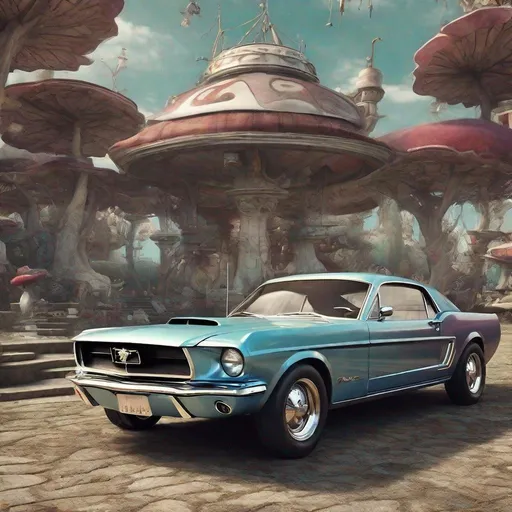Prompt: Detailed photorealistic Future retro vintage Ford Mustang in Alice in Wonderland 