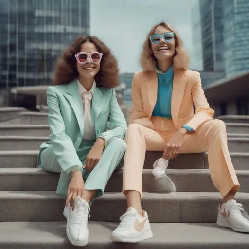 Prompt: Fashion editorial, beautiful happy smiling young women wearing pastel colorfully suits seventies style with big glasses, wearing the newest model white Nike sneakers, surrounded by big high offices buildings on a sunny day, photo from a hasselblad