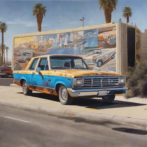 Prompt: Detailed photorealistic Future retro vintage Ford 2055 painted on a billboard in Las Vegas 