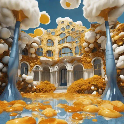 Prompt: Detailed 3D render of a detailed melting denim blue Gaudí yellow Cloudy neo classism bauhaus factory with oker fabrics holes and white circles in the white silver melted  fluffy clouds surrounded by huge giant huge yellow flowers surrounded by oker water filled with orange gold giant stones, hyper realism surrealism hasselblad