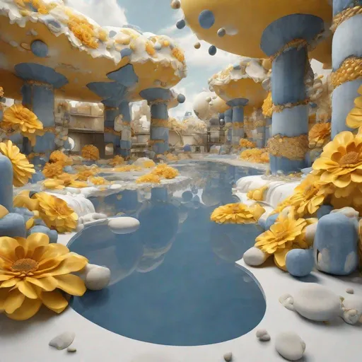 Prompt: Detailed 3D render of a detailed melting denim blue Gaudí yellow Cloudy neo classism bauhaus factory with oker fabrics holes and white circles in the white silver melted  fluffy clouds surrounded by huge giant huge yellow flowers surrounded by oker water filled with orange gold giant stones, hyper realism surrealism hasselblad