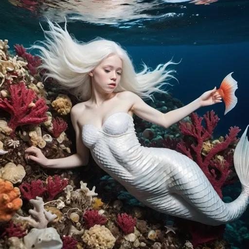 Prompt: Detailed photo high resolution National Geographic, a beautiful exhausted albino mermaid white tail, with white hair and white skin, swimming into the currant, searching for plastic trash taking, the sea is filled with plastic trash and ghost nets and dead tropical fish, huge tropical coral is wasted in the big ocean, climate change 2055
