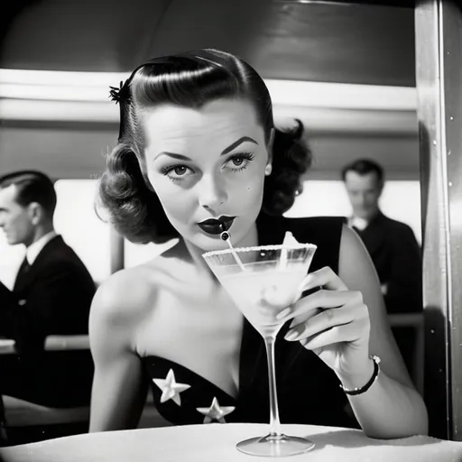 Prompt: 1940s vintage beautiful attractive woman looking into the camera on skis drinking a martini cocktail, in the style of modernist tendencies, snapshot of iconic Hollywood stars, candid moment, body extensions, candid, scandal punk, disfigured forms