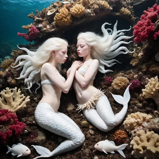 Prompt: Detailed photo high resolution National Geographic, a beautiful exhausted twin albino mermaids with white tail, with white hair and white skin and white eyes, wearing a shell top, laying dead in the sea into the currant in a polluted dirty sea filled with plastic trash  and dead tropical fish, huge tropical coral is wasted in the big ocean, climate change 2055