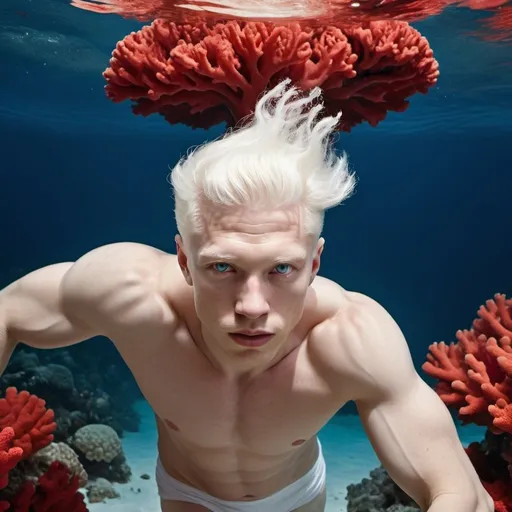 Prompt: Detailed photo high resolution deep sea photo for National Geographic mens health Vogue Sports Illustrated, handsome muscle well trained body albino model, short white hair and white skin, swimming up to the surface, caught in a huge red coral reef, climate change 2055, shot by Terry oNeill soft box