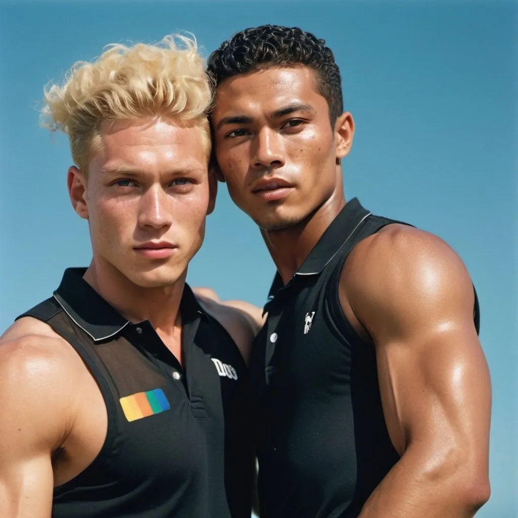 Prompt: Detailed high resolution 3000 dpi editorial for sportive muscle athletic men rainbow fashion editorial Sports Illustrated cover, closeup detailed confidence handsome sportive muscle 30 years old confidence American Asian male super model with freckles and 1 mm blond hair dancing together with a 30 years old young sportive muscle Afro American male super model with blonde 1mm short hair and freckles in the face, strike a pose and looking up at the camera, wearing a black 50% density transparent oversized black polo wedding dress, 2055, Canon CN-E 14-35mm T1.7L S M objectief, photo shot by Slim Aarons