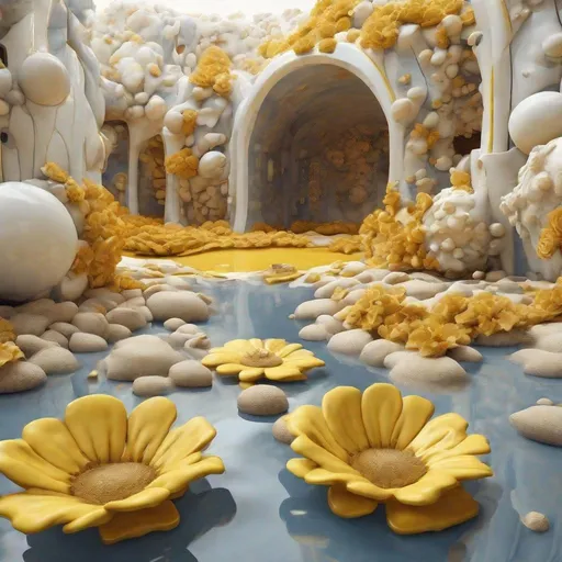 Prompt: Detailed 3D render of a detailed melting denim Gaudí yellow Cloudy neo classism bauhaus factory with oker fabrics holes and white circles in the white fluffy clouds surrounded by huge giant huge yellow flowers surrounded by oker water filled with brown giant stones, hyper realism surrealism hasselblad