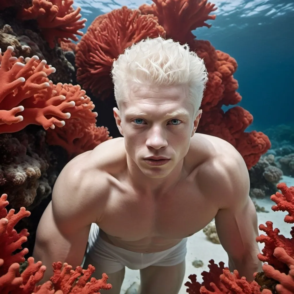 Prompt: Detailed photo high resolution deep sea photo for National Geographic mens health Vogue Sports Illustrated, handsome muscle well trained body albino model, short white hair and white skin, swimming up to the surface, caught in a huge red coral reef, climate change 2055, shot by Terry oNeill soft box