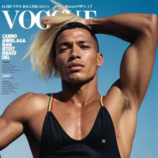 Prompt: Detailed high resolution 3000 dpi editorial for sportive muscle athletic men rainbow fashion editorial Sports Illustrated Vogue September issue Balenciaga cover, closeup detailed confidence handsome sportive muscle 40 years old confidence American Asian male super model with freckles and 1 mm blond hair dancing together with a 40 years old young sportive muscle Afro American male super model with blonde 1mm short hair and freckles in the face, strike a pose and looking up at the camera, wearing a Balenciaga black 50% density transparent oversized black wedding dress, 2055, Canon CN-E 14-35mm T1.7L S M objectief, photo shot by Slim Aarons