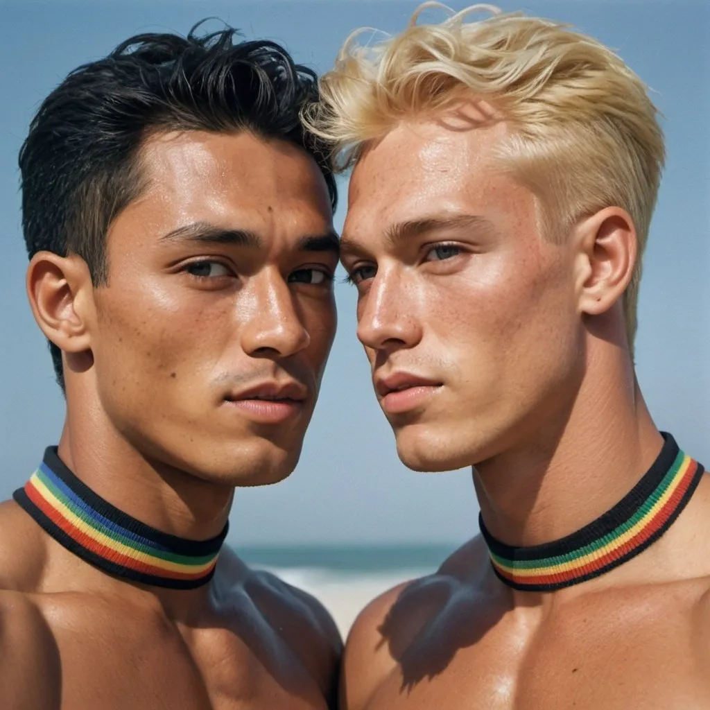 Prompt: Detailed high resolution 3000 dpi editorial for sportive muscle athletic men rainbow fashion editorial Sports Illustrated cover, closeup detailed handsome sportive muscle 30 years old American Asian male super model with freckles and 1 mm blond hair dancing together with a 30 years old young sportive muscle Afro American male super model with blonde 1mm short hair and freckles in the face, looking at each other, wearing a transparent oversized black polo wedding dress, 2055, Canon CN-E 14-35mm T1.7L S M objectief, photo shot by Slim Aarons