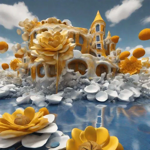 Prompt: Detailed 3D render of a detailed melting denim blue Gaudí yellow Cloudy neo classism bauhaus factory with oker fabrics holes and white circles in the white silver melted  fluffy clouds surrounded by huge giant huge yellow flowers surrounded by oker water filled with orange gold giant stones, hyper realism surrealism hasselblad