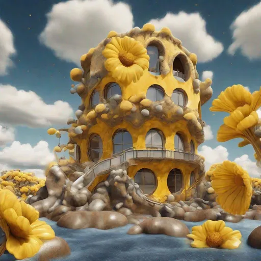 Prompt: Detailed 3D render of a detailed melting denim Gaudí yellow Cloudy neo classism bauhaus factory with oker fabrics holes and white circles in the white fluffy clouds surrounded by huge giant huge yellow flowers surrounded by oker water filled with brown giant stones, hyper realism surrealism hasselblad